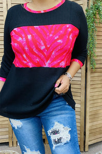 XCH15187 Fuchsia printed black block knitted material 3/4 sleeve loose women blouse