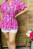 GJQ15843 Yellow floral multi color printed short sleeve V-neckline women tops w/side slits