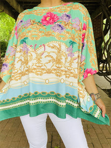XCH13889 Gold paisley floral multi color turquoise printed loose women tops