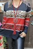 XCH15473 Leopard&block black/red multi color printed long sleeve women tops