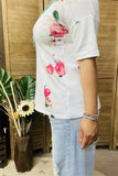 GJQ14220 Side floral multi printed with button short sleeves white women tops (DS1)