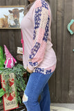 GJQ15675  Long sleeve w/chiffon fabric&blue/pink multi color printed women pink blouse