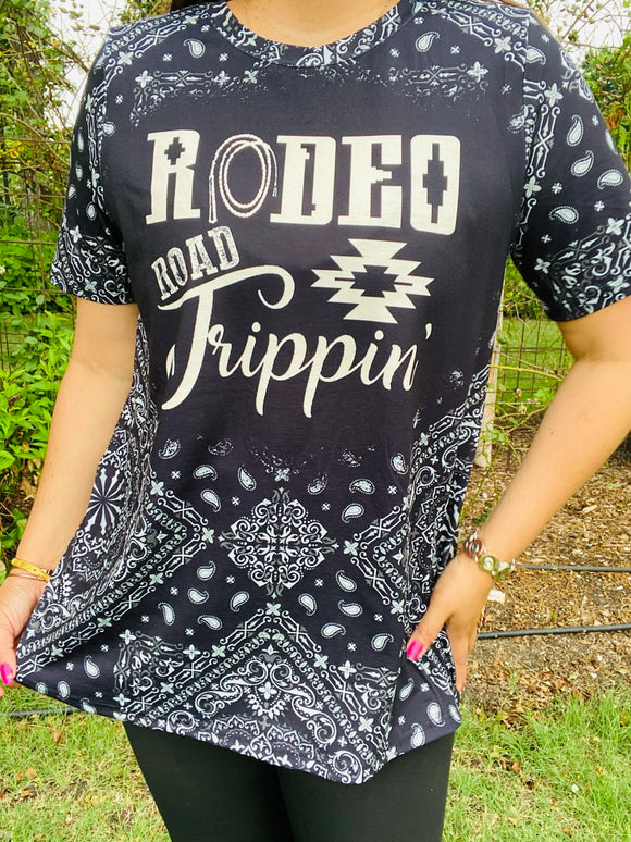 XCH14181 Rodeo Road Trippin paisley black short sleeve women top (GS6)