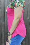 BQ12544 Pink cactus & sunflower multi color & block pink printed short sleeve with front pocket women top (ES12)