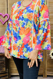 BQ15870 Floral multi color printed 3/4 sleeve w/bell bottom women top w/white ribbon trim