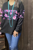 BQ15683 Floral multi color printed black solid color knitted fabric long sleeve women tops