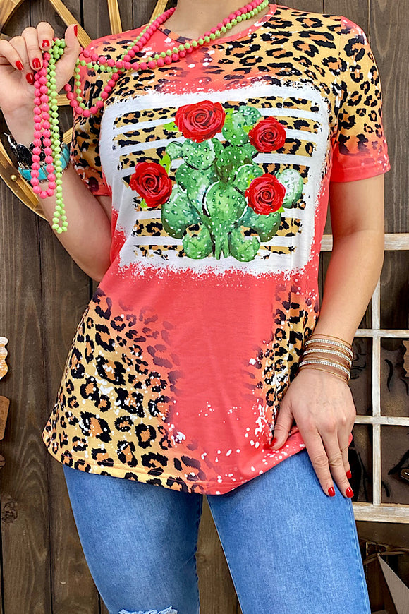 XCH12431 Leopard cactus & roses printed short sleeve women t-shirt
