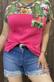 BQ12544 Pink cactus & sunflower multi color & block pink printed short sleeve with front pocket women top (ES12)