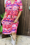 GJQ15744 Purple/fuchsia/pink Aztec multi color printed short sleeve women dress w/side pockets