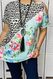 GJQ10637 Half leopard/floral top half w/cold shoulder short sleeve women tops (ES1)