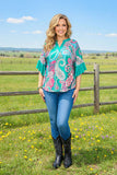 Western paisley printed ruffle bell sleeves women top GJQ16628