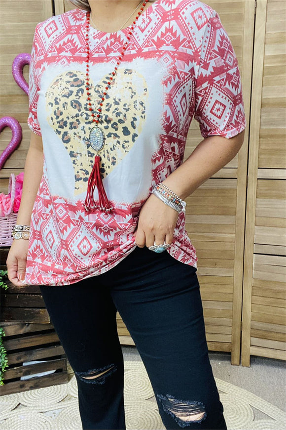 DLH12146 Leopard hearts & Aztec printed short sleeve women tops