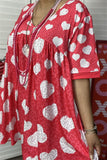 XCH14685 Light gray heart & red leopard printed short sleeve loose women dress