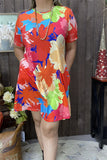 GJQ15681 Floral multi color printed short sleeve women midi dresses w/side pockets