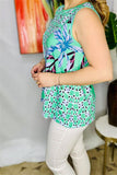 XCH15946 Floral&graphic multi color printed sleeveless women mint tops