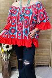 YMY15524 Mint/Turquoise/Red  printed short sleeve w/red ruffle trim&bottom loose neckline women blouse