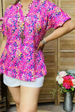 GJQ15843 Yellow floral multi color printed short sleeve V-neckline women tops w/side slits