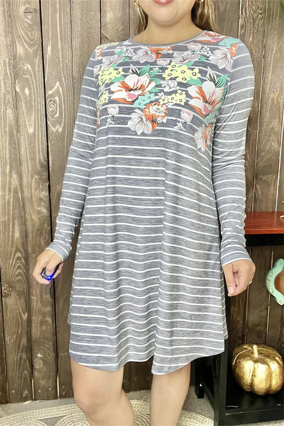 XCH11733 Gray/white striped & floral printed long sleeve w/side pockets women dress (AS1)