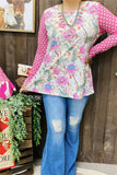 BQ13501S Pink&Teal floral multi color printed long sleeve women tops