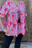 BQ14922 Fuchsia floral printed short sleeve w/ruffle baby doll women tops