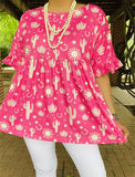 XCH14993 Cactus printed in the fuchsia fabric ruffle short sleeves baby-dolL TOP HS3