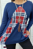 FW5687 Navy blue long sleeve women top w/ plaid multi color print (ES11)