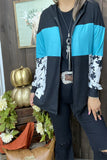 GJQ15263 Cow printed mint/black block solid color long sleeve w/zipper&side pockets women hoodie/tops