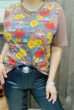 DLH11308 Leopard sunflower&pumpkin multi color printed short sleeve top w/double line V-neckline HS2