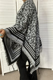 LW11392 Grey & black leopard knitted women shawl w/tassels&fringe