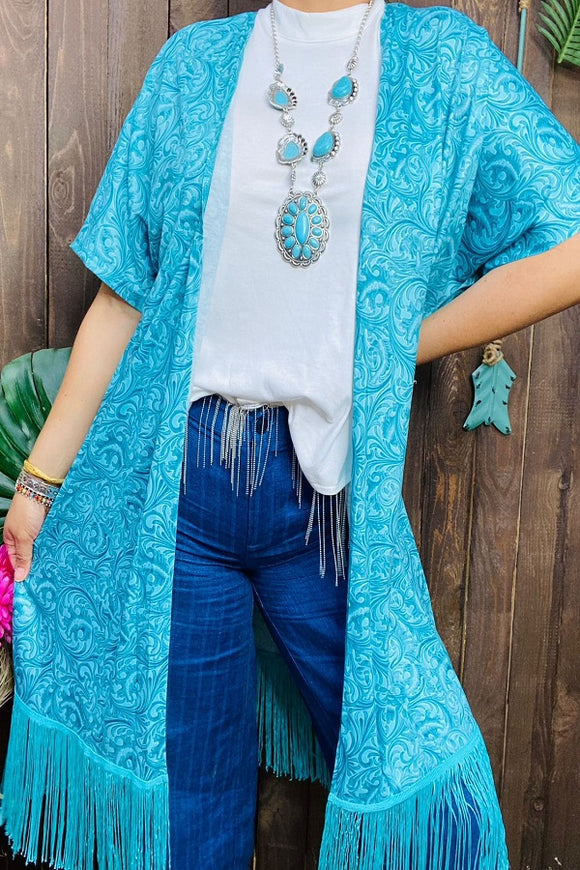 Blue circle floral printed/tassels for women cardigan XCH14960
