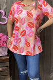 BQ12655 Colorful lips printed short sleeve women top w/tie hole neckline