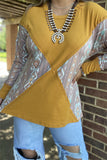 BQ14390 Aztec printed & knitted block yellow solid color long sleeve women tops(BS2 )