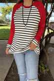 BQ15480 Black/white stripe printed solid red long sleeve women top w/raglan design