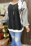 BQ15021 Cactus&dots solid gray black block printed long sleeve drop shoulder women tops IS22