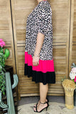 GJQ15746 Leopard printed fuchsia/black solid color short sleeve women dress w/side pockets