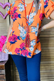 GJQ15656 Floral multi color printed short sleeve/double ruffle women orange tops