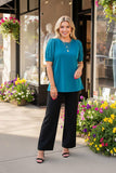 Turquoise round neck eyelet lace puff short sleeves women top SP16421