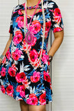 XCH12928 Blue Fuchsia rose printed women dress w/pockets knot hole (AS14)