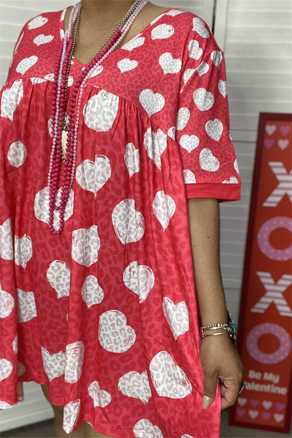 XCH14685 Light gray heart&red leopard printed short sleeve/double hem loose women dress