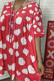 XCH14685 Light gray heart & red leopard printed short sleeve loose women dress