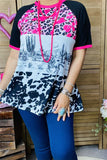 XCH14677 Leopard & riding horse & Cow multi color printed black block short sleeve women tops (DS3)