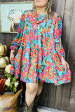 XCH15484 Multi color floral printed long sleeve w/elastic cuff loose women dress