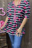 GJQ12561 Black/white striped & heart printed short sleeve women top