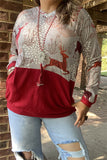 BQ10298 Reindeer & grey printed women top w/front pocket &red block color