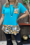 BQ12209 Turquoise & sunflower/animal printed with front pocket short sleeve blouse(CS4 )