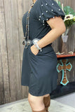 BQ15589 Black  bubble short sleeve w/pearl women dress w/side pockets