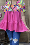 XCH15855 Ginger multi color plants printed block solid fuchsia bottom short sleeve baby-doll women tops