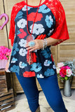 GJQ15398 Multi color floral printed red lace short sleeve w/raglan design women  tops