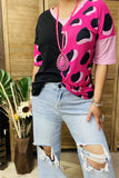 XCH14276 Half black&fuchsia/ pink leopard printed short sleeve drop shoulder women tops (ES1)