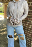 DLH15630 Gray women hoodie w/string &leopard printed front pocket long sleeve tops